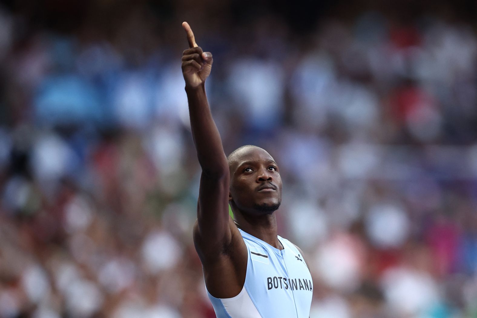 Botswana's Letsile Tebogo celebrates after <a href="https://www.cnn.com/sport/live-news/paris-olympics-news-2024-08-08#h_45a20a2c4b3413e7f11e10f67ff67ac4">winning the 200 meters</a> on August 8. His time of 19.46 seconds was the fifth-fastest in history.