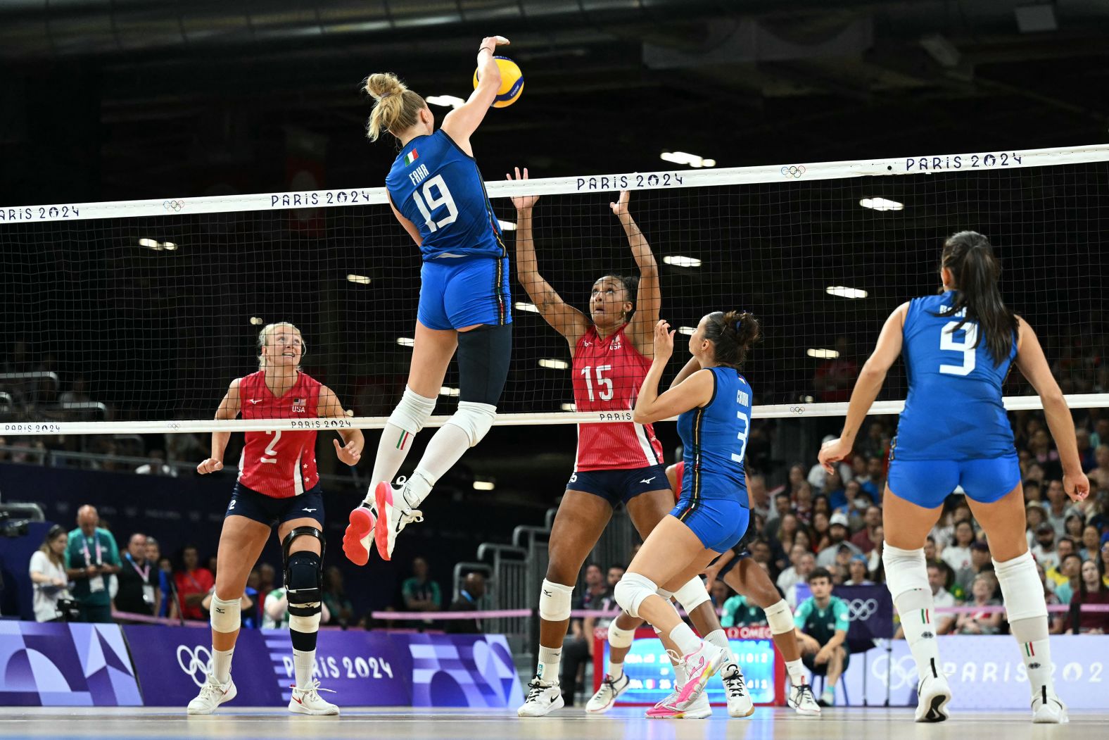 Italian volleyball player Sarah Luisa Fahr spikes the ball during the gold-medal match against the United States on August 11. <a href="https://www.cnn.com/sport/live-news/paris-olympics-news-closing-ceremony#h_e65fd2b1375678aaf0c17df9b6d06765">Italy won in straight sets</a>.