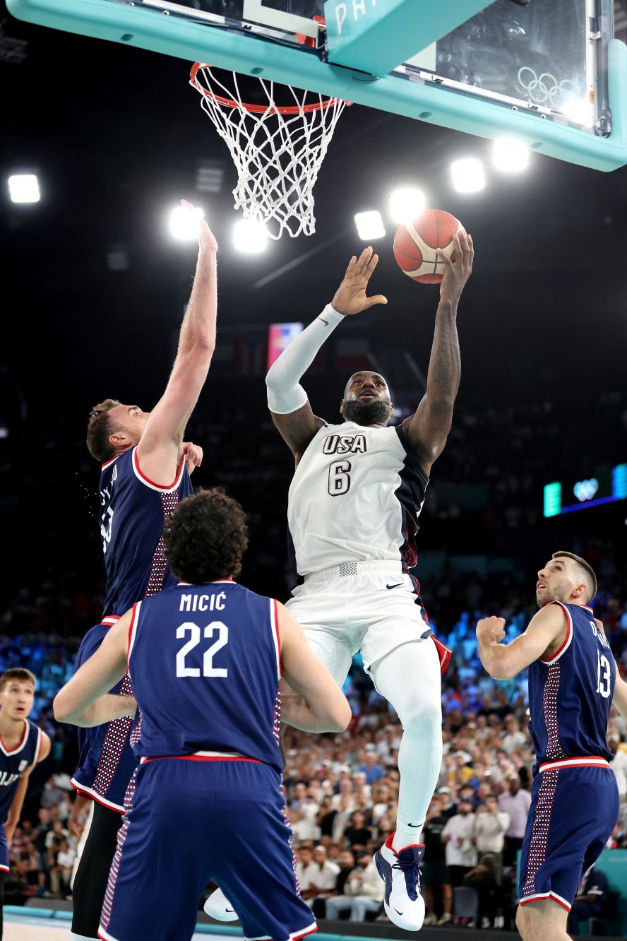 LeBron James rises for a layup during a semifinal game against Serbia on August 8. James and Team USA trailed by 13 at the end of the third quarter, but <a href="https://www.cnn.com/sport/live-news/paris-olympics-news-2024-08-08#h_7c412df93b0659eacf26c70f465042ba">they rallied to win 95-91</a>.