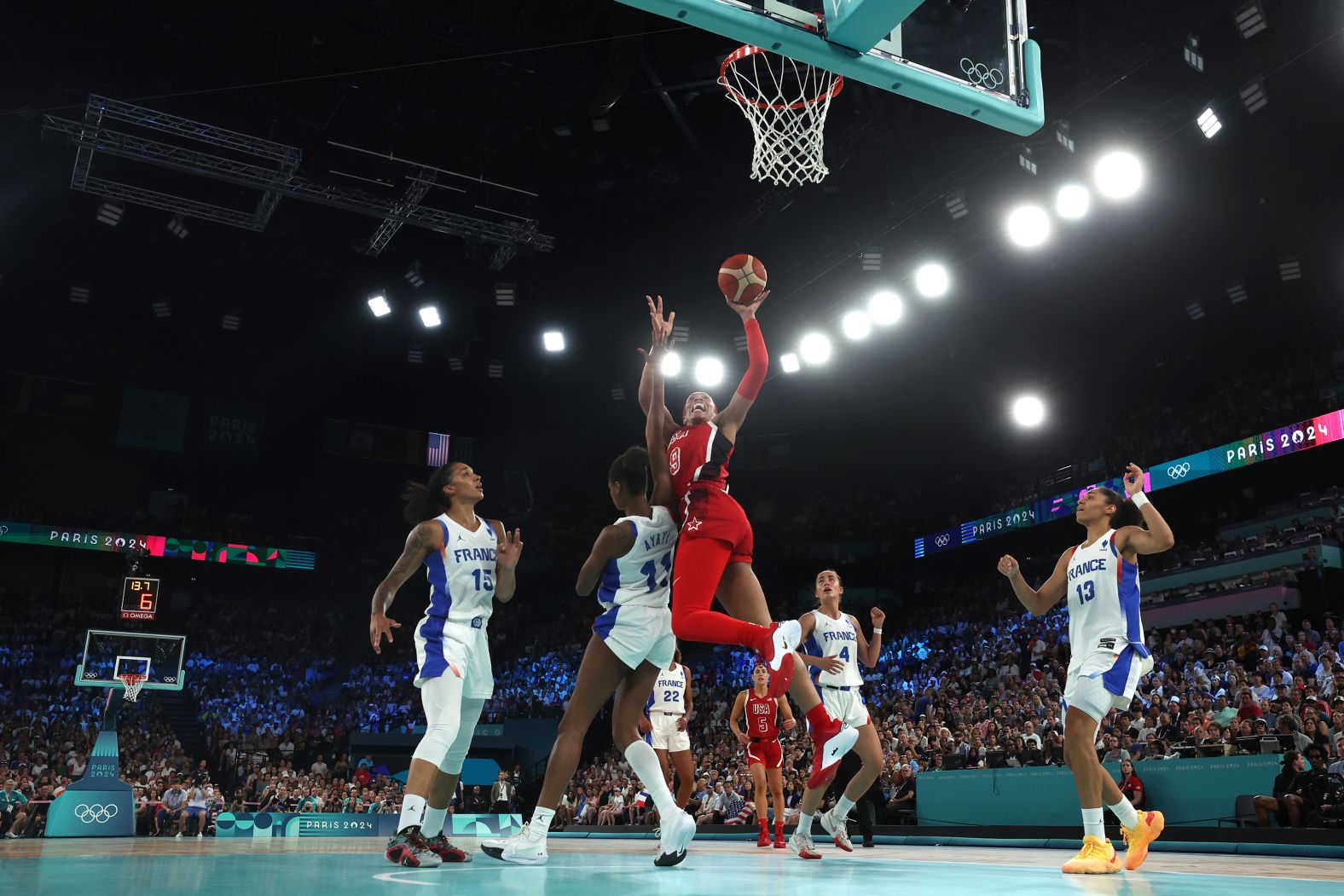 The United States' A'ja Wilson scores a basket during the gold-medal game against France on August 11. Wilson had 21 points, 13 rebounds and four blocks as <a href="https://www.cnn.com/sport/live-news/paris-olympics-news-closing-ceremony#h_f15b1c644d54dea53377454377abe6df">the Americans won 67-66</a>. It is Team USA's eighth straight gold in women's basketball.