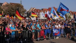 Supporters of the far-right Alternative for Germany (AfD) political party gather at the final AfD campaign rally ahead of tomorrow's Thuringia state elections on August 31, 2024 in Erfurt, Germany.