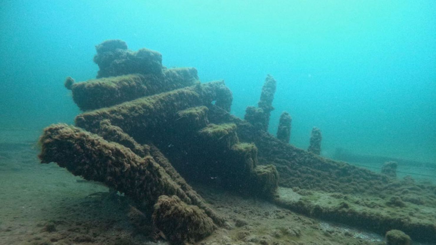 More than a century after sinking, the Margaret A. Muir was found in about 50 feet of water in Lake Michigan in May 2024. Shown here is a rare internal view of the her unusual stepped sternpost construction.