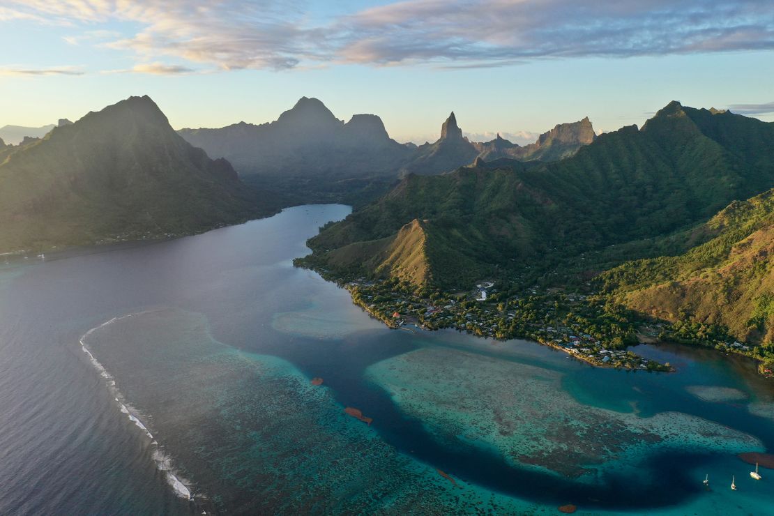 An aerial view of Mo'orea, an island in French Polynesia.