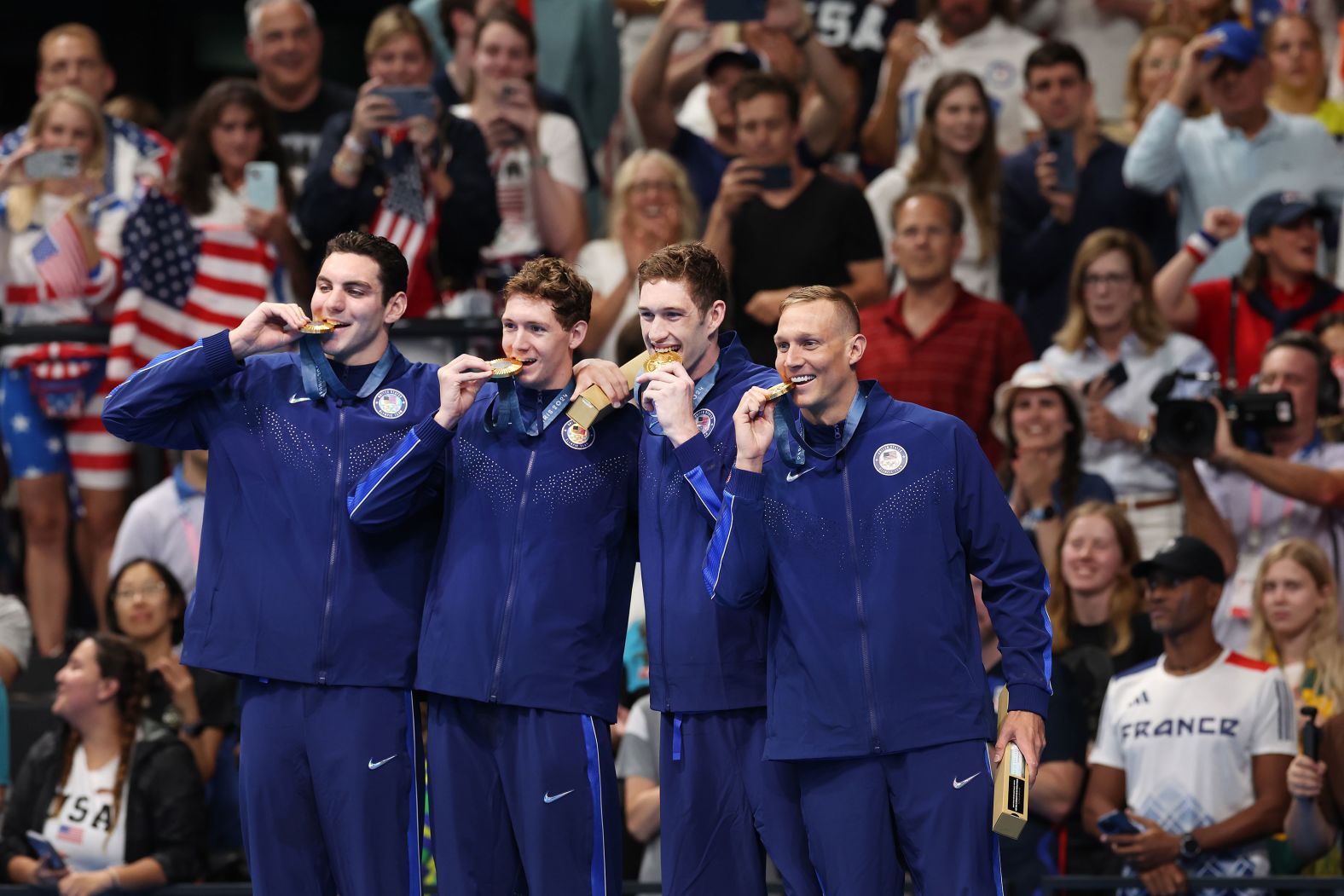 Swimmers Jack Alexy, Chris Guiliano, Hunter Armstrong and Caeleb Dressel celebrate on July 27 after winning the men's 4x100-meter freestyle relay and claiming <a href="https://www.cnn.com/sport/live-news/paris-olympics-news-2024-07-27#h_6bd3cd40c329a151aac79c12f0728a9c">the United States' first gold medal of the Paris Olympics</a>. The result also continued Dressel’s streak of winning gold in every Olympic race in which he’s competed. He won five gold medals in Tokyo.