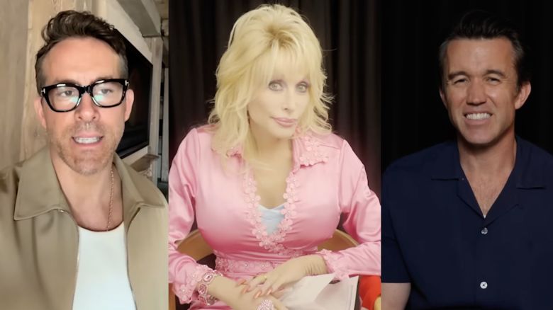 (From left) Ryan Reynolds, Dolly Parton and Rob McElhenney  in a video about 'Welcome to Wrexham.'