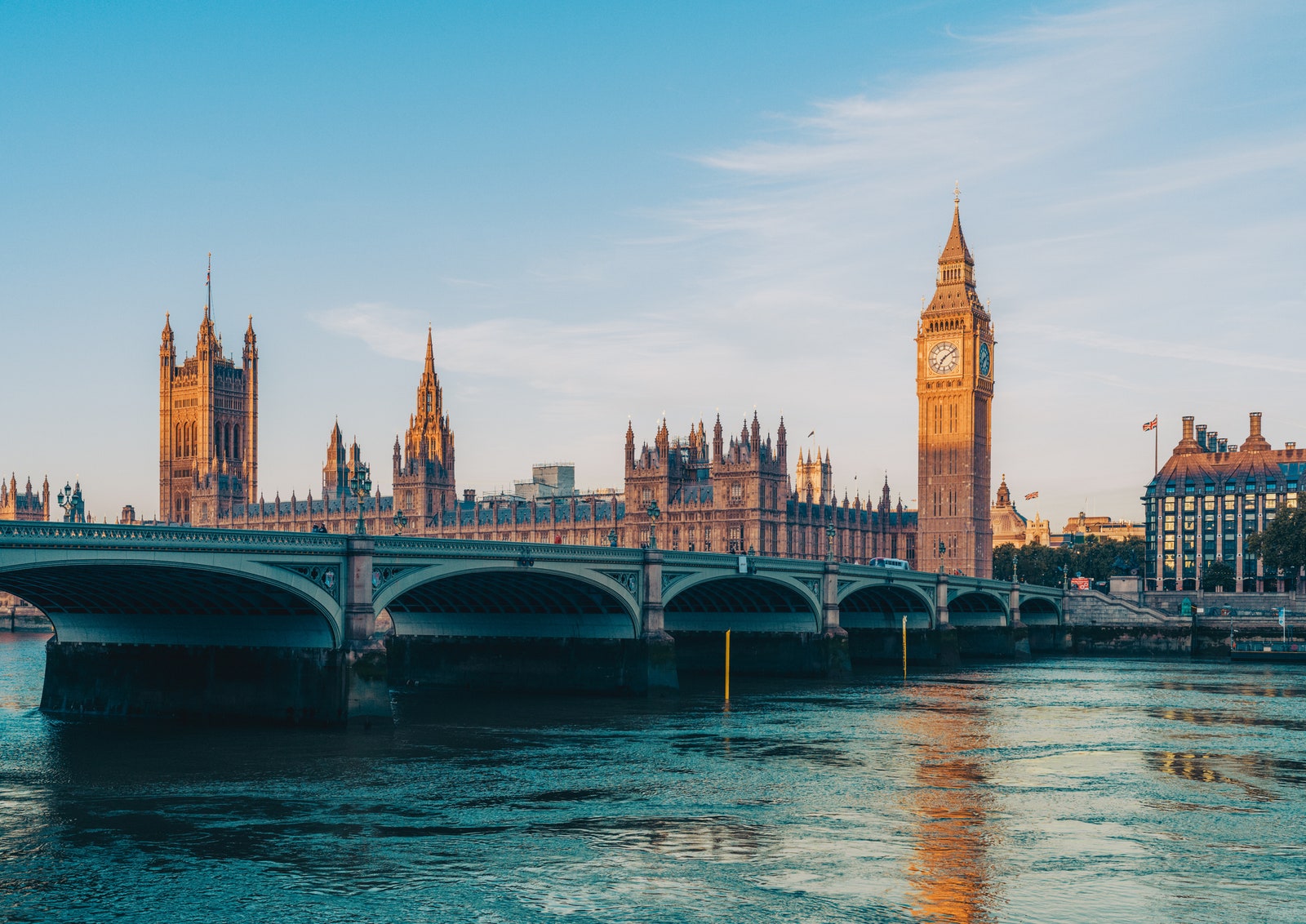 Big Ben and Westminster Bridge in London at sunrise