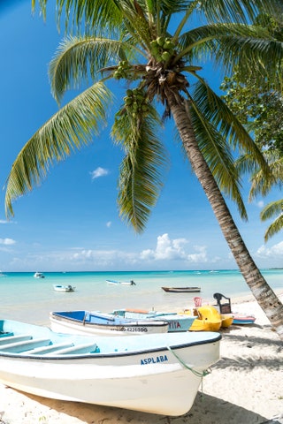 Dominican Republic boats on the sandy beach of Bayahibe