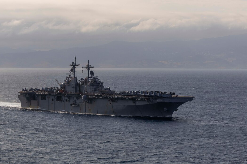 USS Wasp (LHD 1) transits the Strait of Gibraltar.