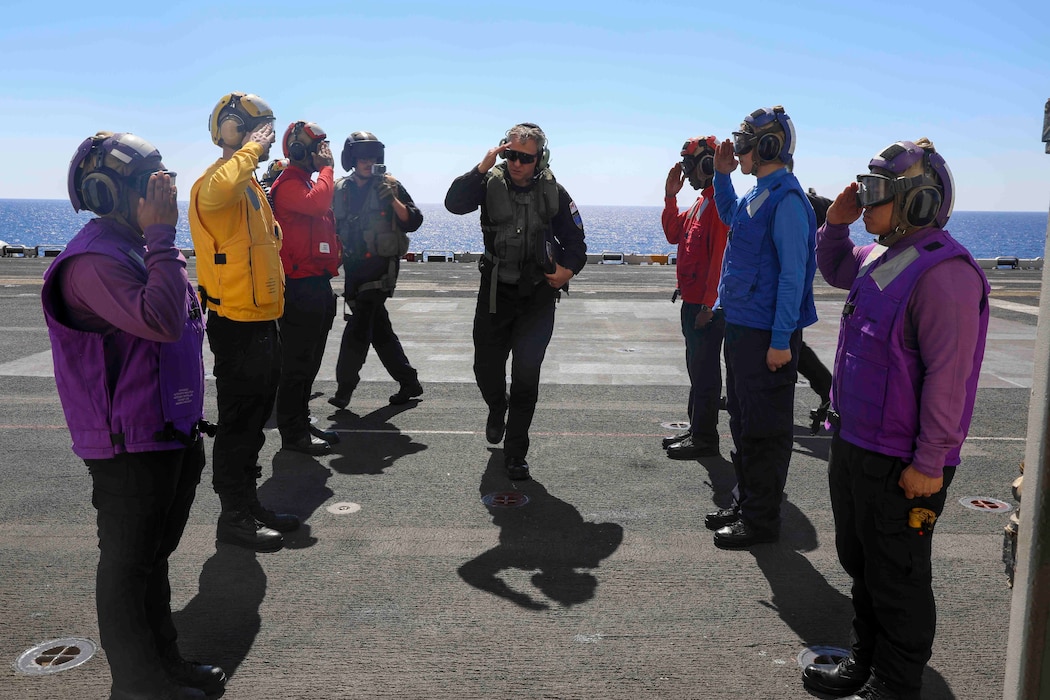 Cmdre. Matthew Coates, commander of Standing North Atlantic Treaty Organization Maritime Group 2, visits USS Wasp (LHD 1).