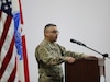 Brig. Gen. Vivek Kshetrepal, the 1st Theater Sustainment Command deputy commanding general, speaks during the Theater Aviation Sustainment Maintenance Group transfer of authority ceremony in the U.S. Central Command area of responsibility, Aug. 14, 2024. (U.S. Army photo by Sgt. 1st Class Gecyca Martin)