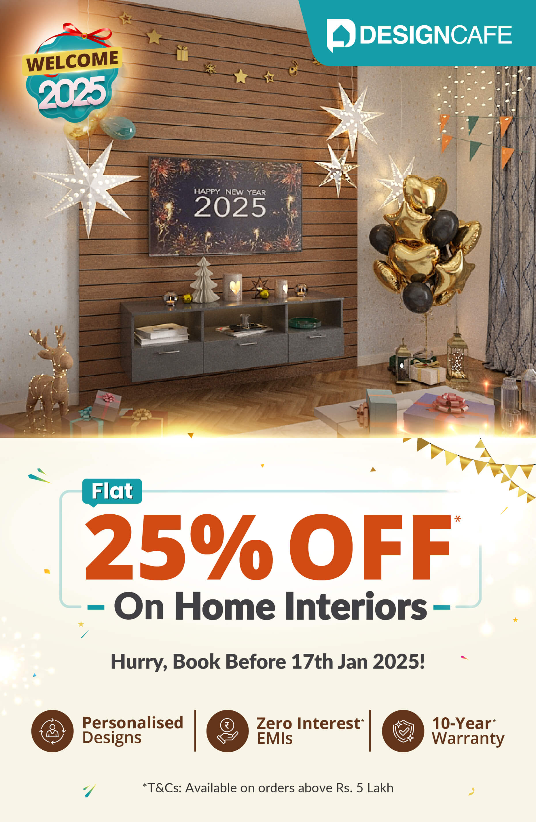 DesignCafe Welcome 2025 Special Offer: 25% OFF on Home Interiors.