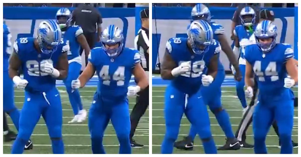 Detroit Lions defensemen celebrate a big play with Trump's dance.