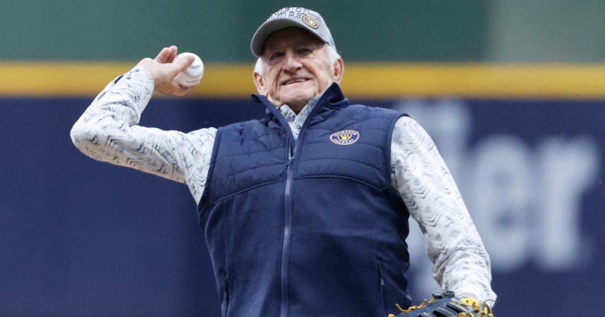 Bob Uecker throws a pitch in 2023.