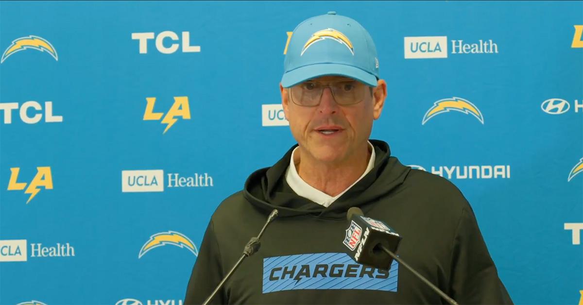 Jim Harbaugh during a Chargers press conference. 