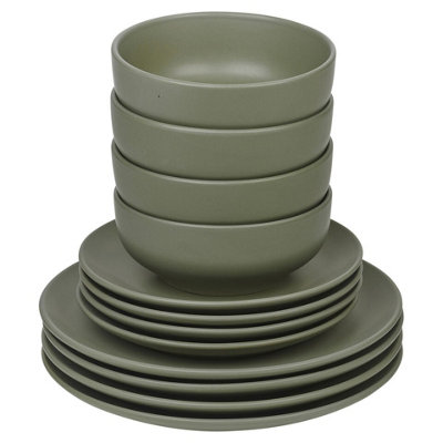 Queensway Home & Dining 26cm Diameter 12 Pcs Green Coloured Stone Ceramic Dinnerware Crockery Plates Bowls Dining Set