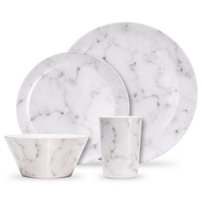 VonShef Melamine Dinnerware Set, 16Pc Marble Dinner Set Inc. 4 Plates, 4 Side Plates, 4 Bowls & 4 Cups, Dishwasher Safe Tableware