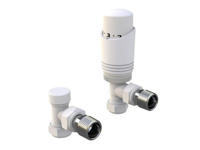 White Designer Thermostatic Radiator Valve and Lockshield Twin Pack TRV Angled