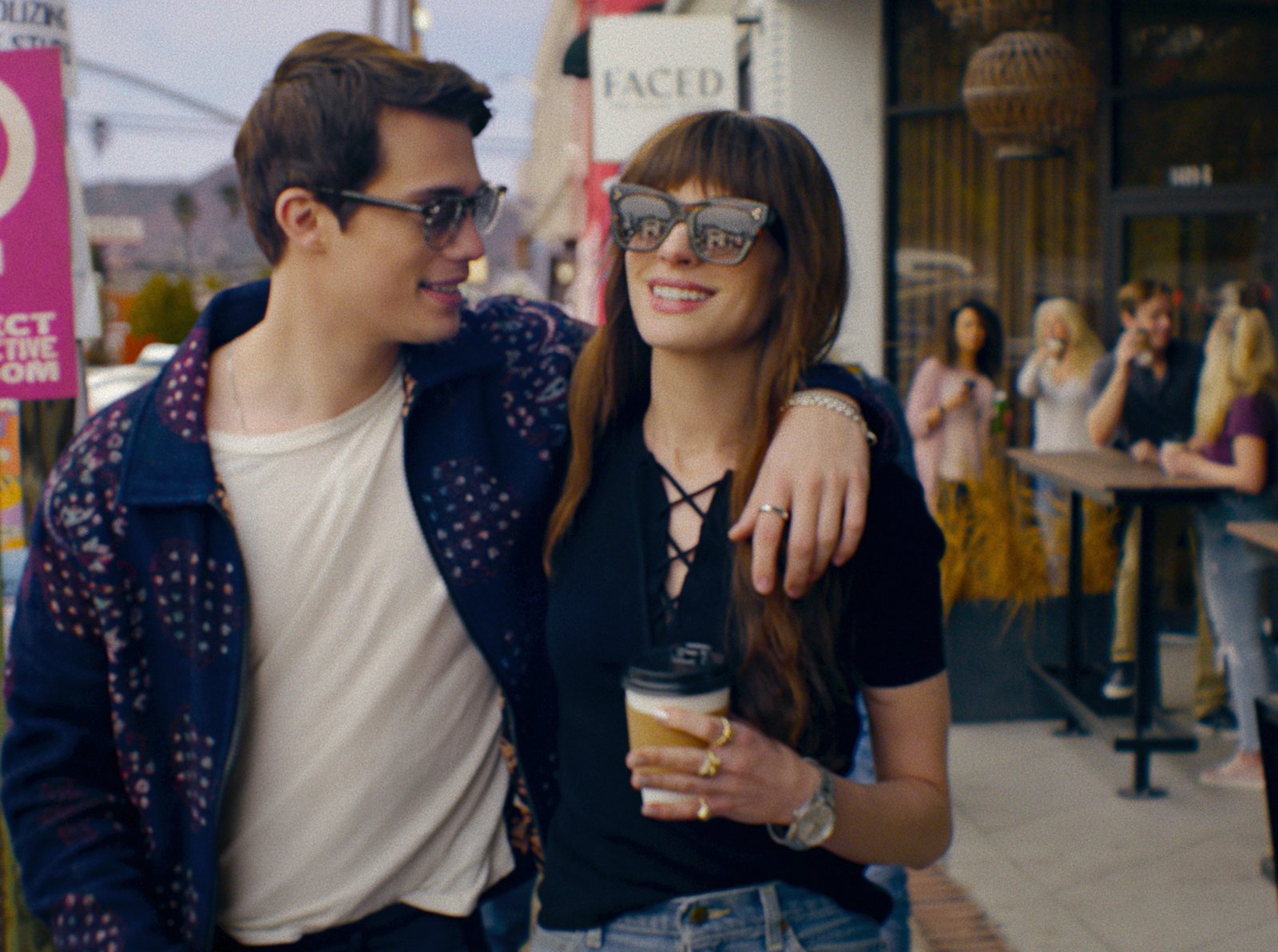 Anne Hathaway Nicholas Galitzine sunglasses coffee man woman