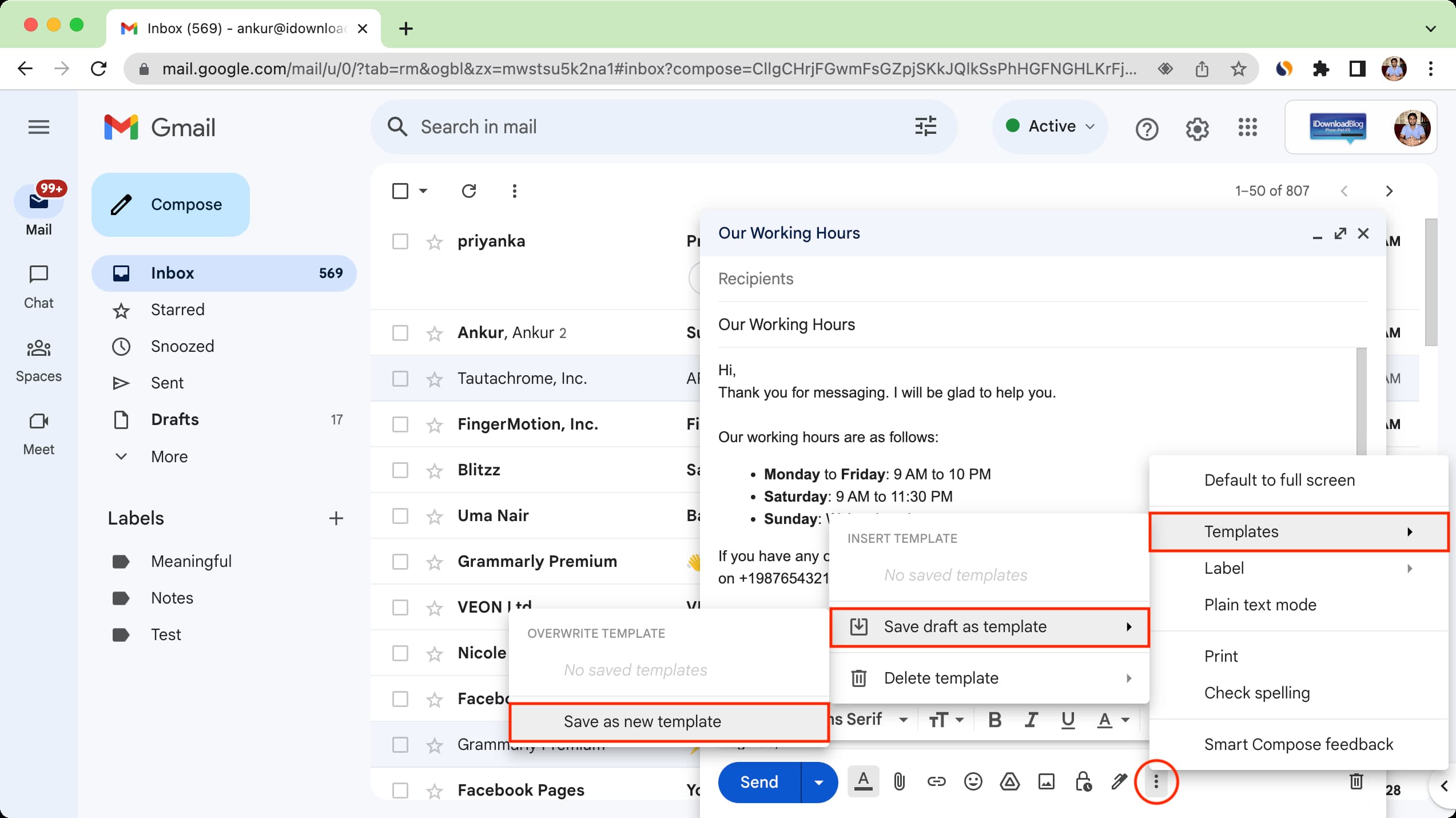 Save new template in Gmail on web