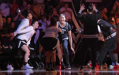 Las Vegas Aces center A’ja Wilson (22) is introduced before an WNBA basketball game against the Atlanta Dream at Michelob Ultra Arena in Mandalay Bay Friday, Aug. 30, 2024.