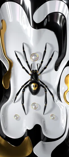 Stylish black spider with a golden skull in a fluid artistic background.