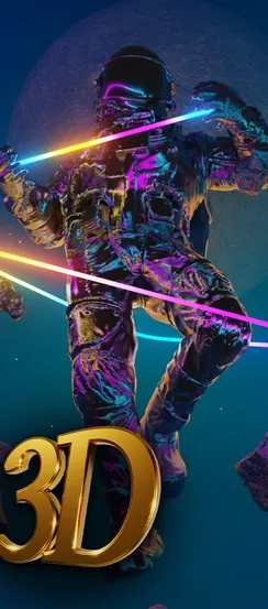 Neon astronaut floating in space with glowing lights.