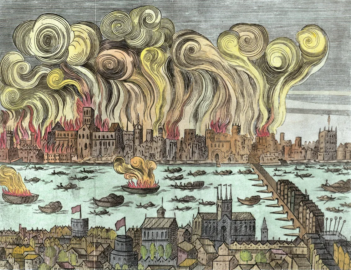 Coloured version of opening pages of Shlohavot, or, The burning of London in the year 1666