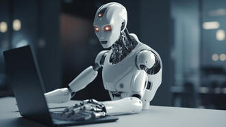 The innovative world of robotic, depicts pointing its robotic finger towards a laptop button, symbolizing the power of generative AI in scriptwriting and storytelling