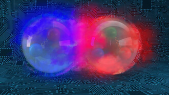 An image of a deuteron, the bound state of a proton (red) and a neutron (blue)