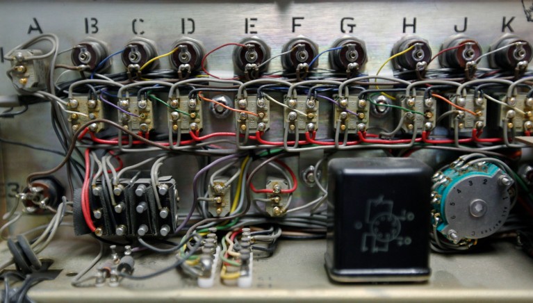 A detailed close-up view of the wiring of UCLA's Interface Message Processor