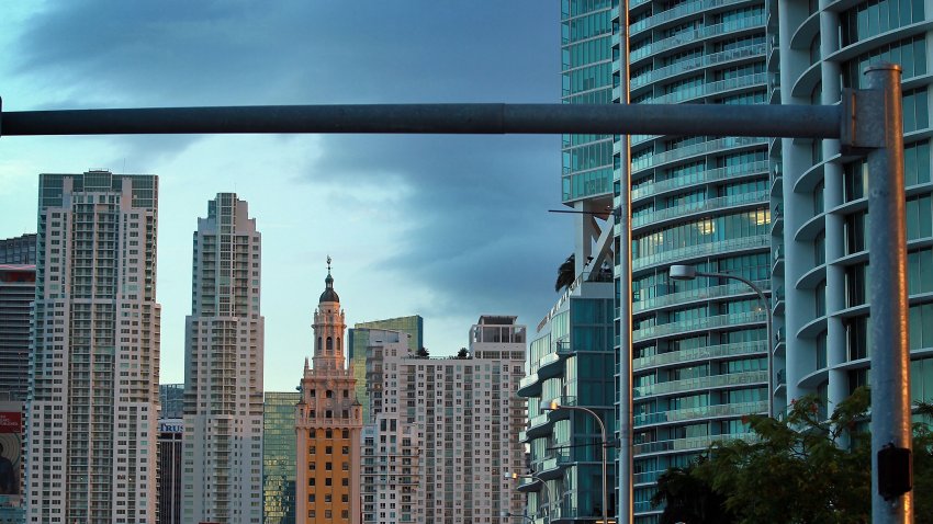 MIAMI – AUGUST 06:  The City of Miami skyline is seen on August 6, 2010 in Miami, Florida. As thousands of newly built condominium units start to fill up with new owners and tenants downtown Miami is starting to see business and activity pick up in the area.  (Photo by Joe Raedle/Getty Images)