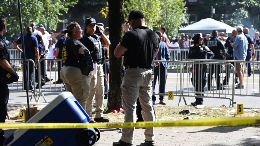 BROOKLYN, NEW YORK, UNITED STATES – SEPTEMBER 2: A view of the area after 5 people shot in a mass shooting during the West Indian Day Parade in Brooklyn, New York, United States on September 2, 2024. The shots were fired on the 300 block of Eastern Parkway as the celebration of Caribbean life was underway, the NYPD said. One male victim was shot in the head, while another man was shot in the torso and another was shot in the arm. Yet another was shot in the wrist. It is unclear where the fifth and sixth victims were shot.
 (Photo by Kyle Mazza/Anadolu via Getty Images)