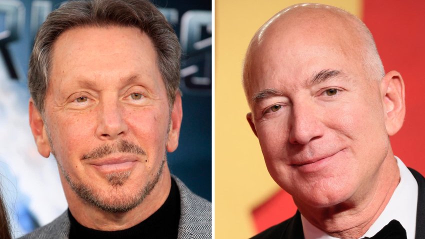 Larry Ellison, chief technology officer of Oracle (L), and Jeff Bezos, founder and executive chairman of Amazon.