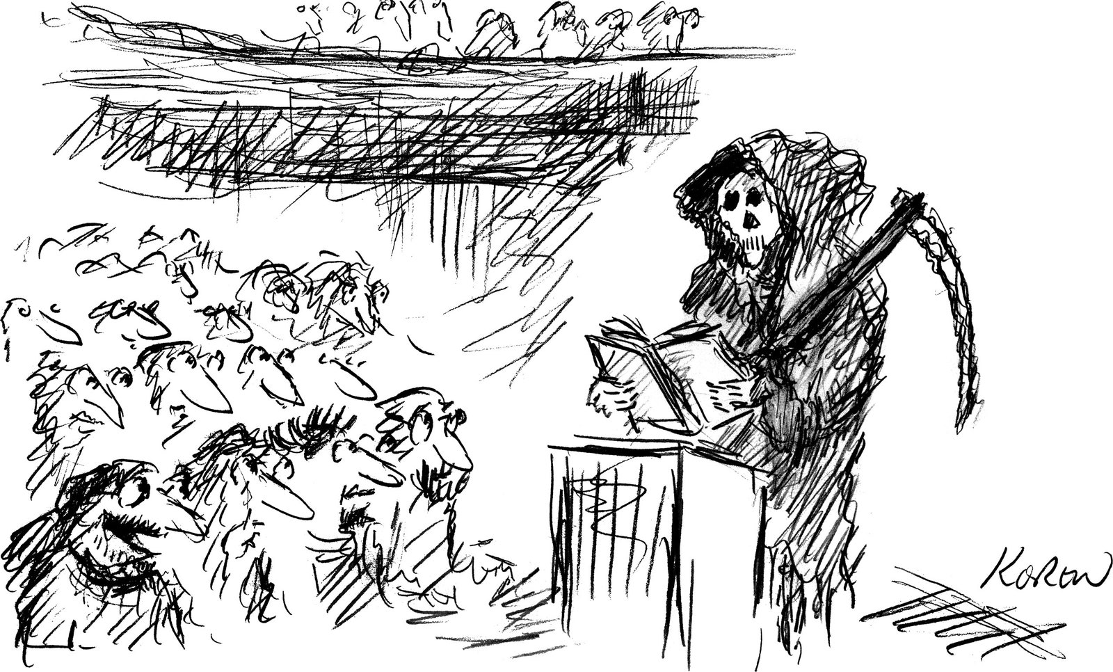 Grim Reaper reading at a podium for a poetry reading.