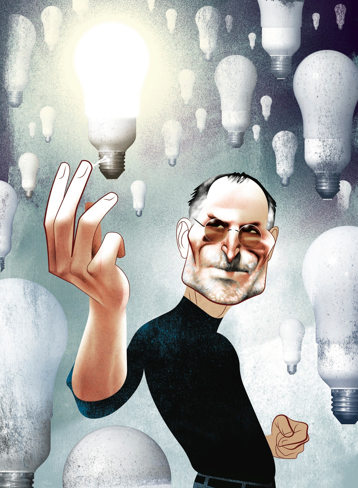 An illustration of Steve Jobs reaching for an illuminated light bulb