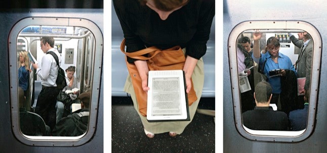 Triptych of images of people reading on Kindles on the New York City subway