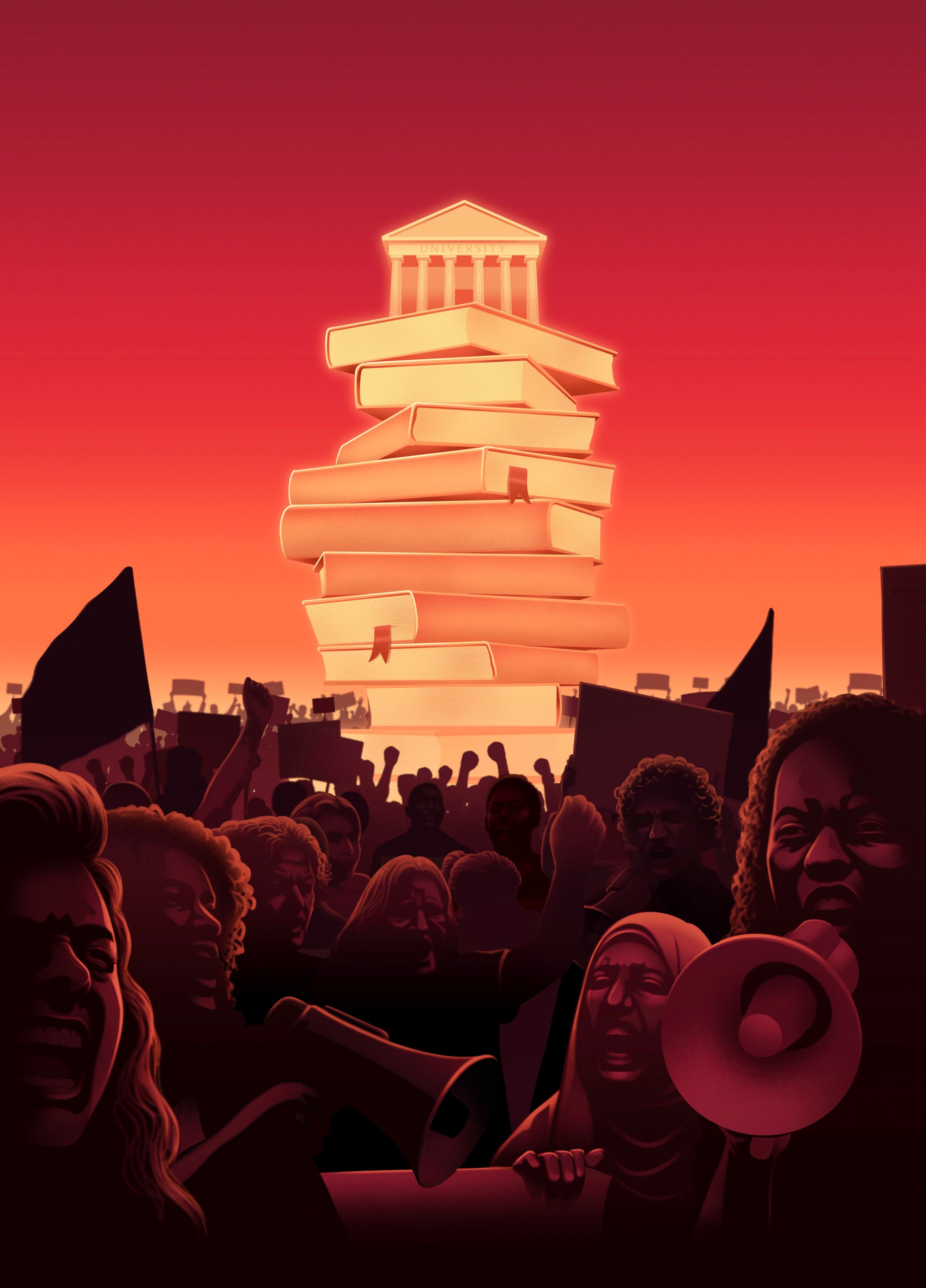 Crowd protesting against the backdrop of a tower made of books