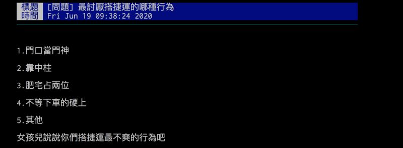 ▲網友詢問搭捷運最討厭遇到的行為，引發討論。（圖／翻攝自批踢踢）