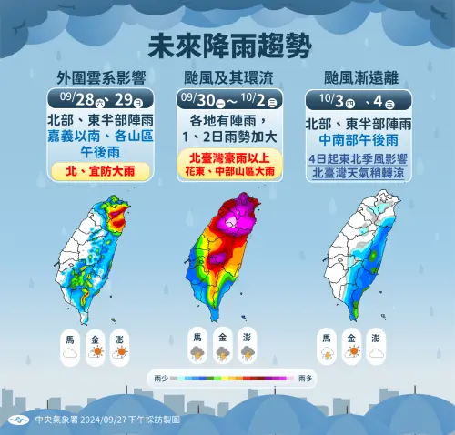 ▲日本南方海面TD22熱帶性低氣壓，預估最快在今晚至明天清晨將生成今年第18號颱風「山陀兒」。（圖／中央氣象署提供）