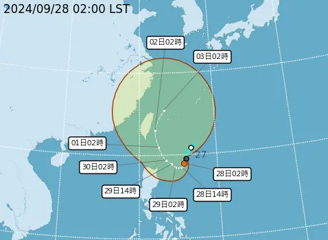 ▲台灣東南方海面的熱帶性低氣壓TD22，今日將發展為今年第18號颱風「山陀兒」，目前時速6公里向西南西移動。（圖／取自中央氣象署）