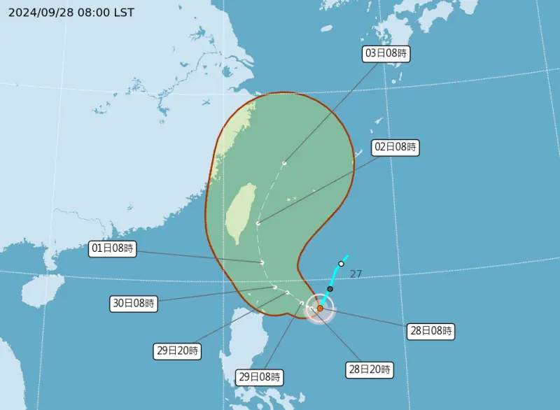 ▲山陀兒颱風路徑朝西修正，對台灣威脅增大中，暴風圈有機會在下週二到週三籠罩全台灣。（圖／中央氣象署提供）