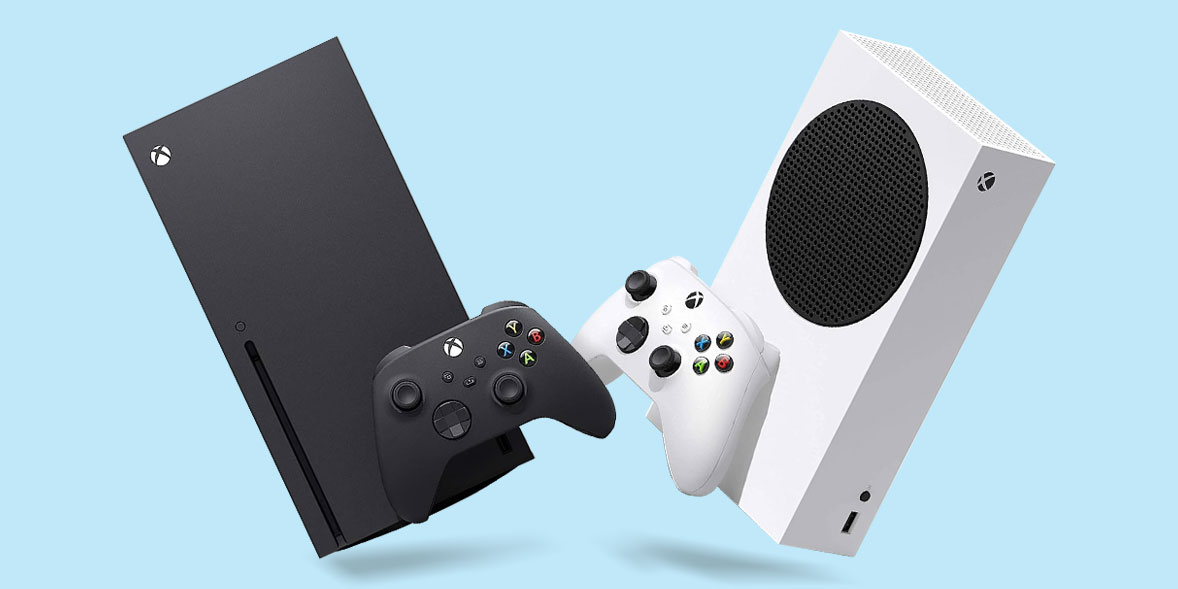 The Xbox Series X and a white Series S with controllers on a blue backdrop