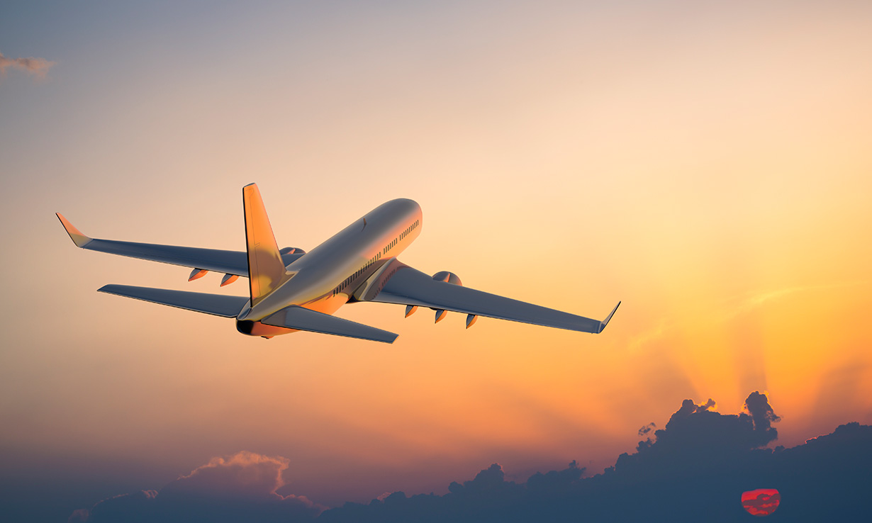 plane flying in a sunset sky