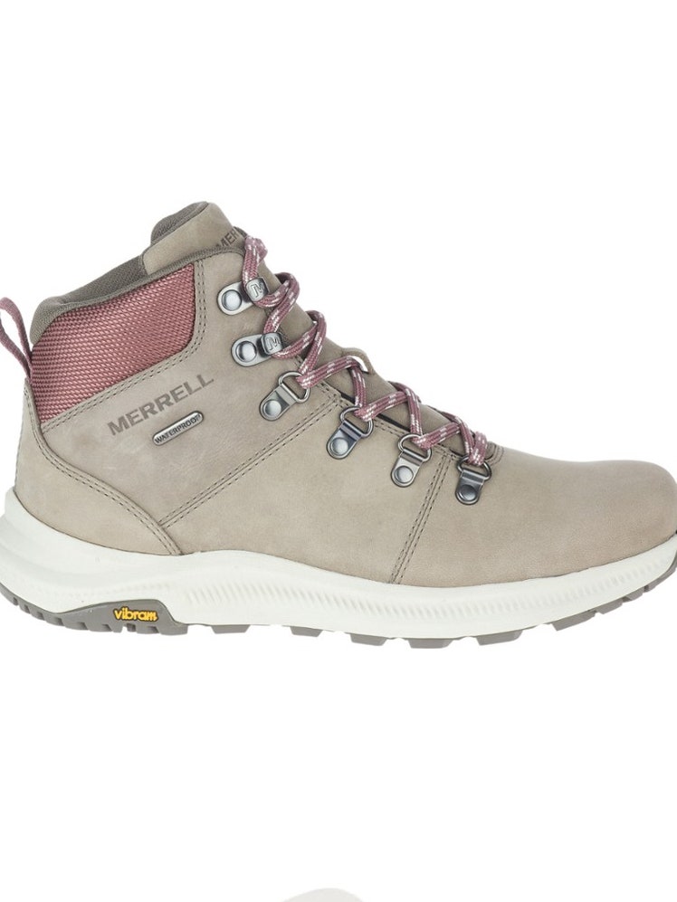 Light grey and pink Merrell Ontario 2 Mid Waterproof Hiking Boot on white background