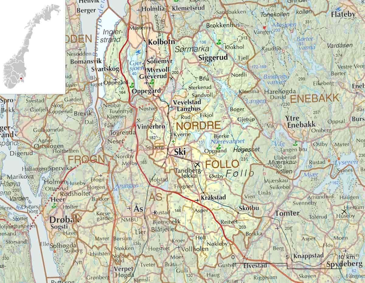 Kart over Nordre Follo kommune