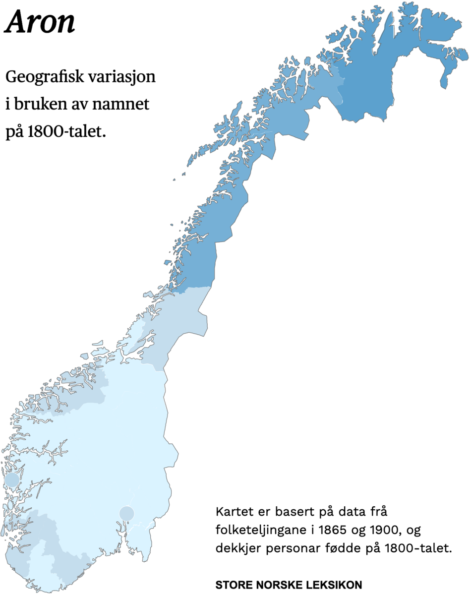 Geografisk variasjon i bruk av namnet Aron på 1800-talet.