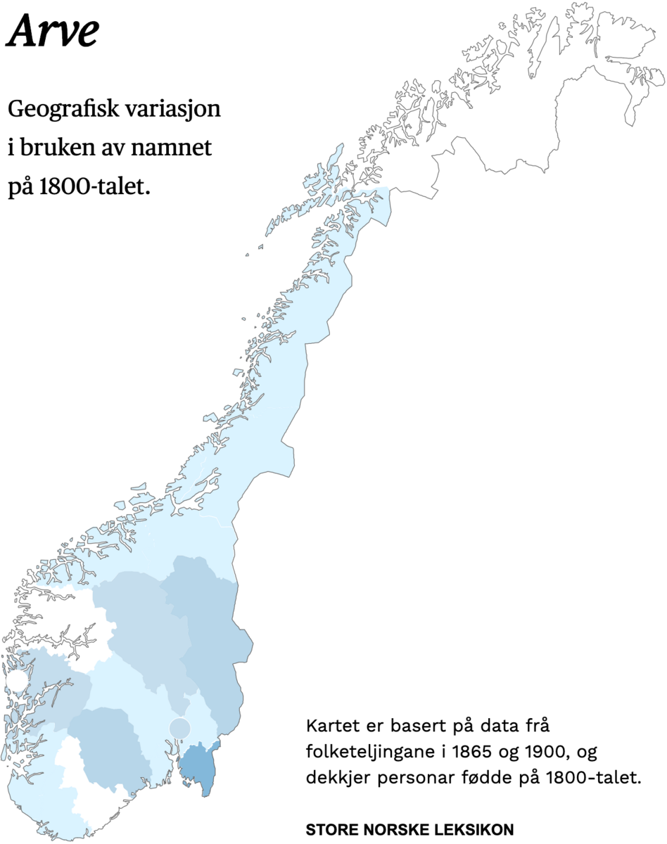 Geografisk variasjon i bruk av namnet Arve på 1800-talet.