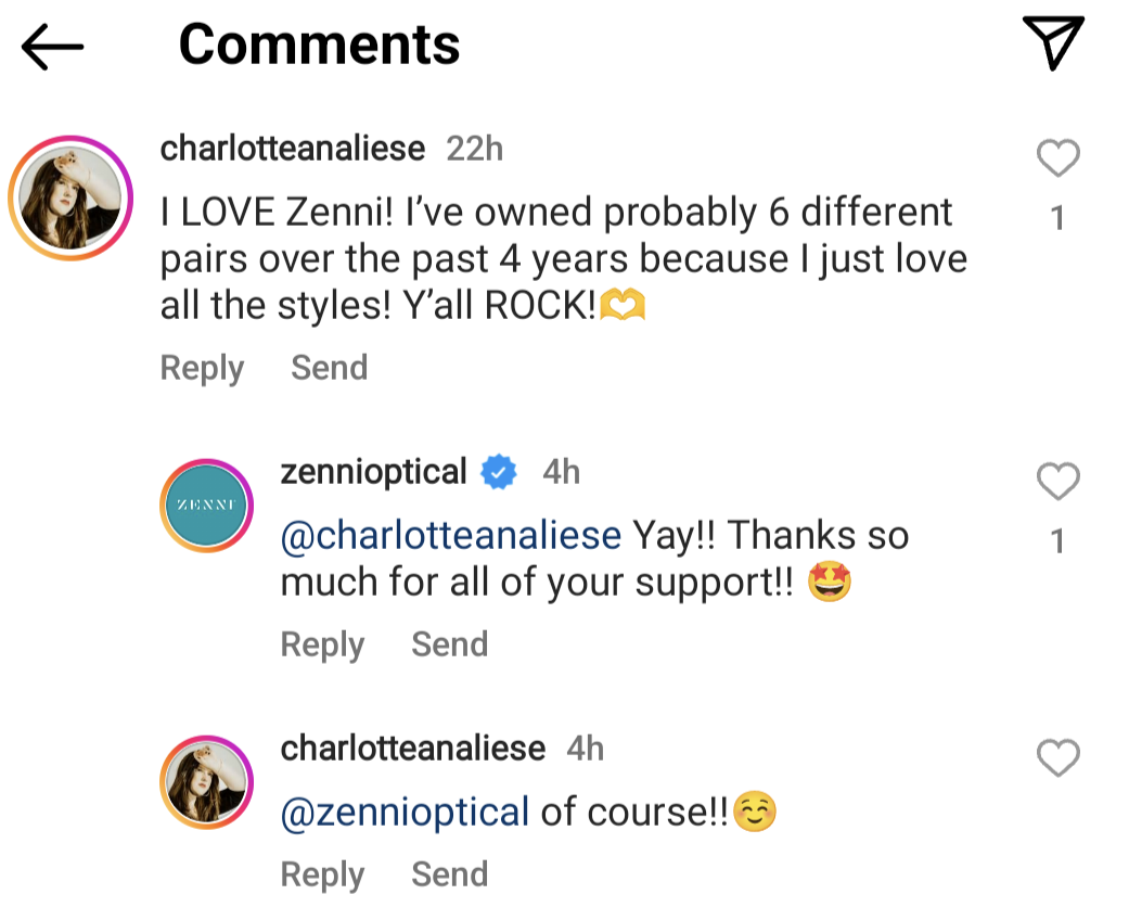 Zenni social listening example that shows the brand keeping track of their audience's sentiments about them