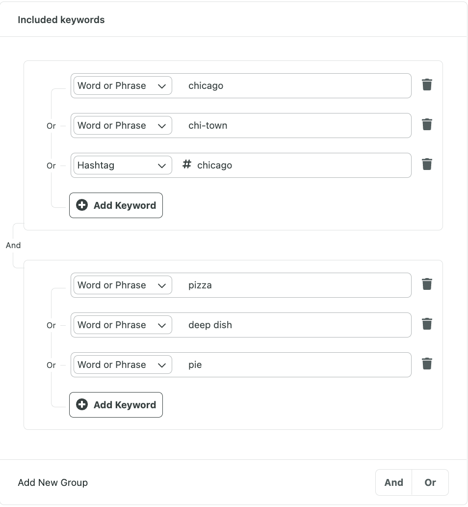 Sprout listening Query Builder where you can include keywords using logic