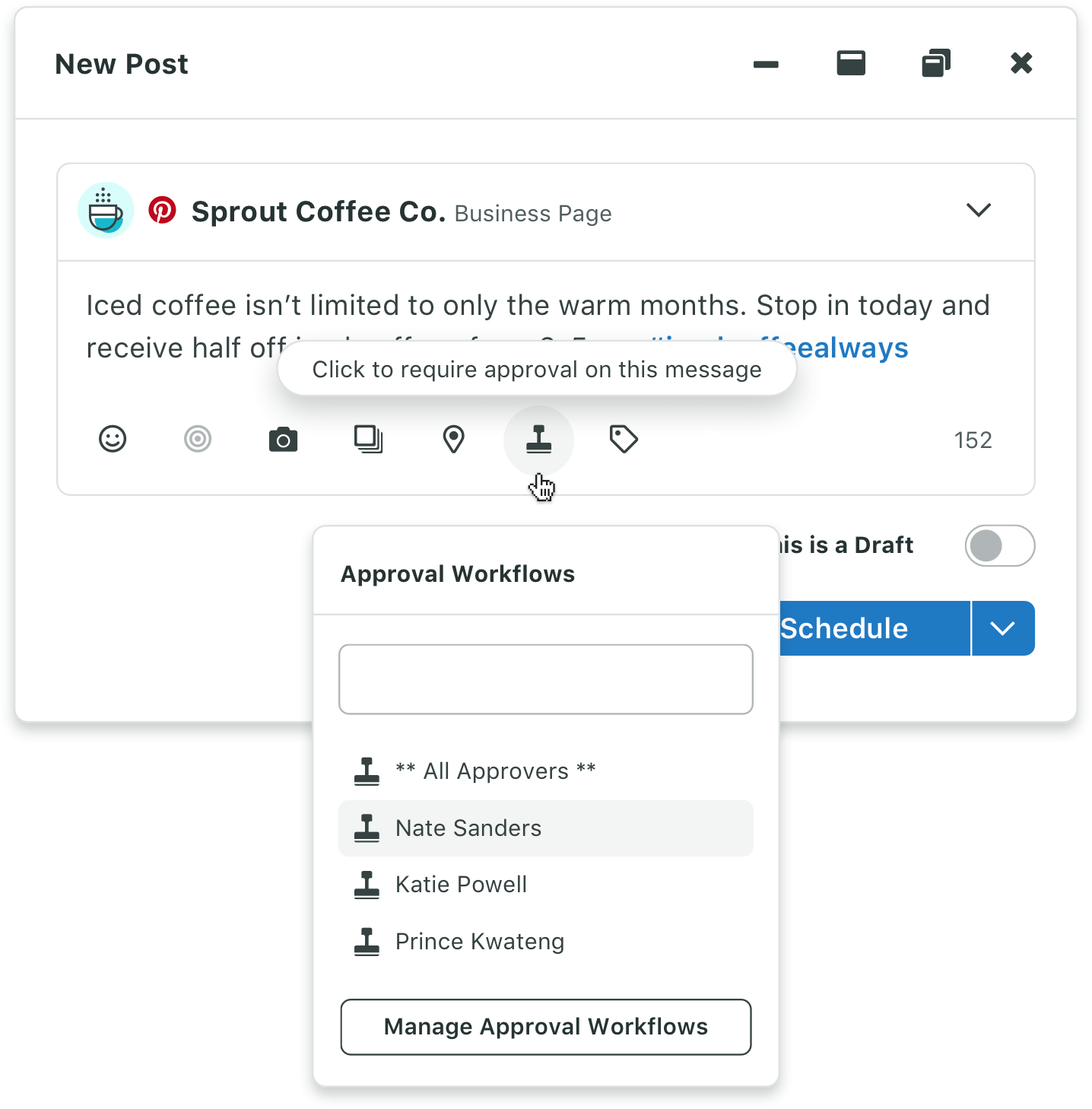 Product screenshot of Sprout’s advanced approval workflows available in the Compose publisher.